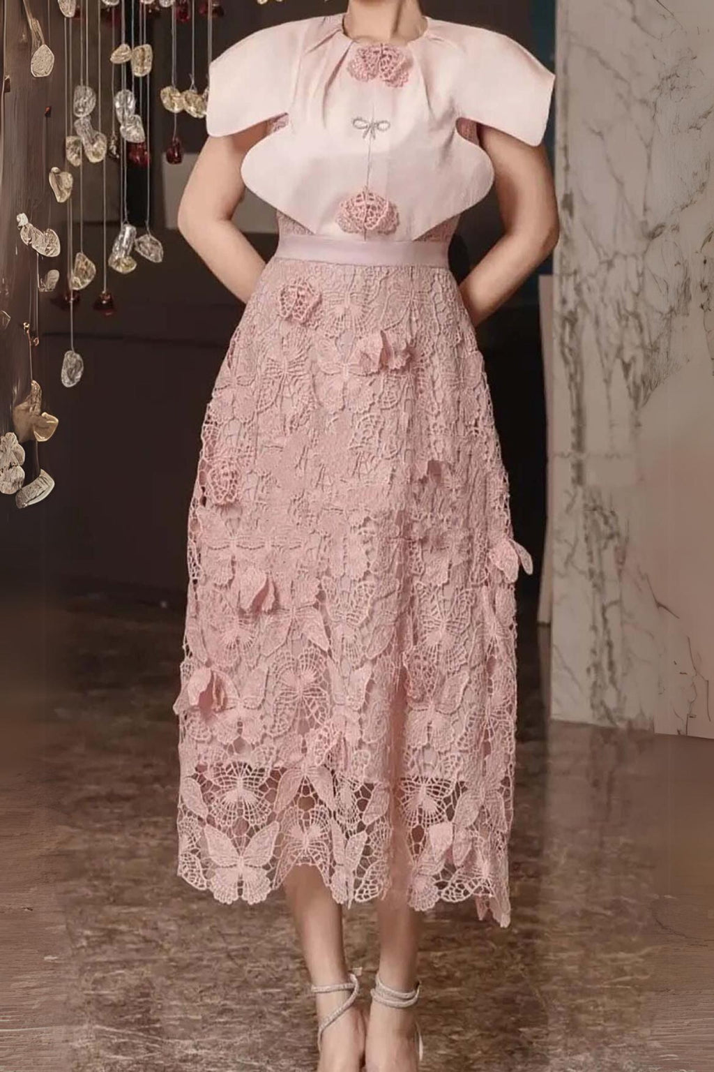 BUTTERFLY EMBROIDERY CLOAK SLEEVE MIDI DRESS IN PINK