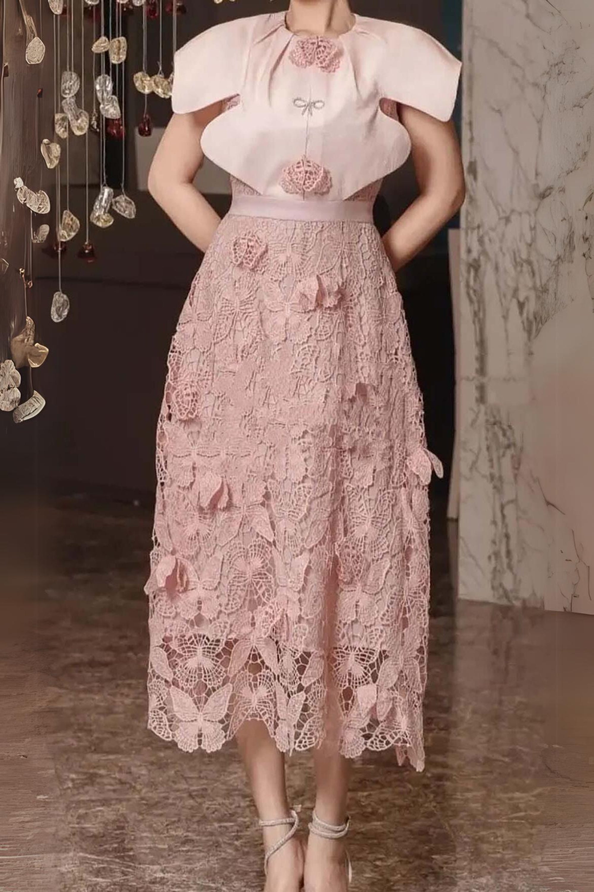 BUTTERFLY EMBROIDERY CLOAK SLEEVE MIDI DRESS IN PINK