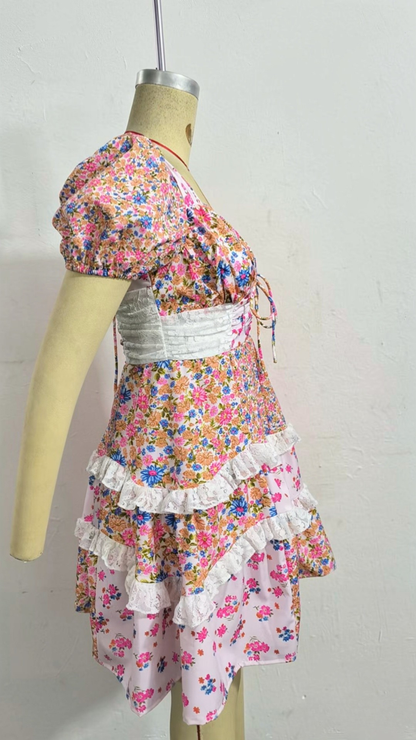 Floral lace patchwork deep V-neck puff sleeves mini dress