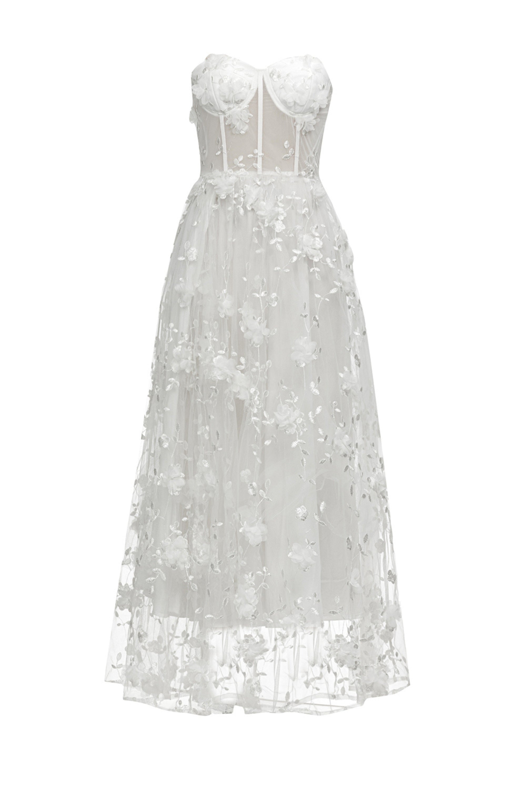 Lace floral off shoulder maxi dresses in white