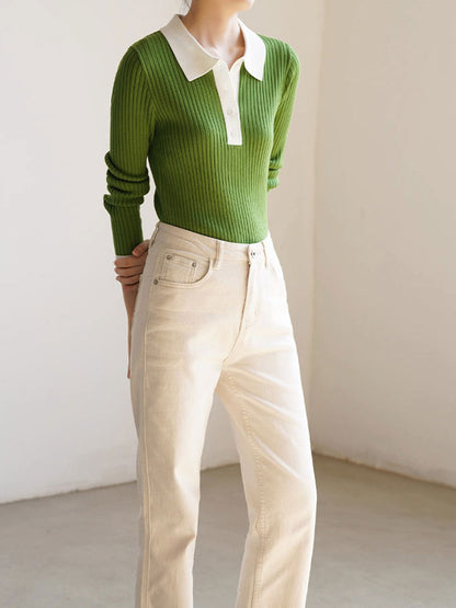 Jessica Retro Contrast Color Slim Knitted Sweater-Green