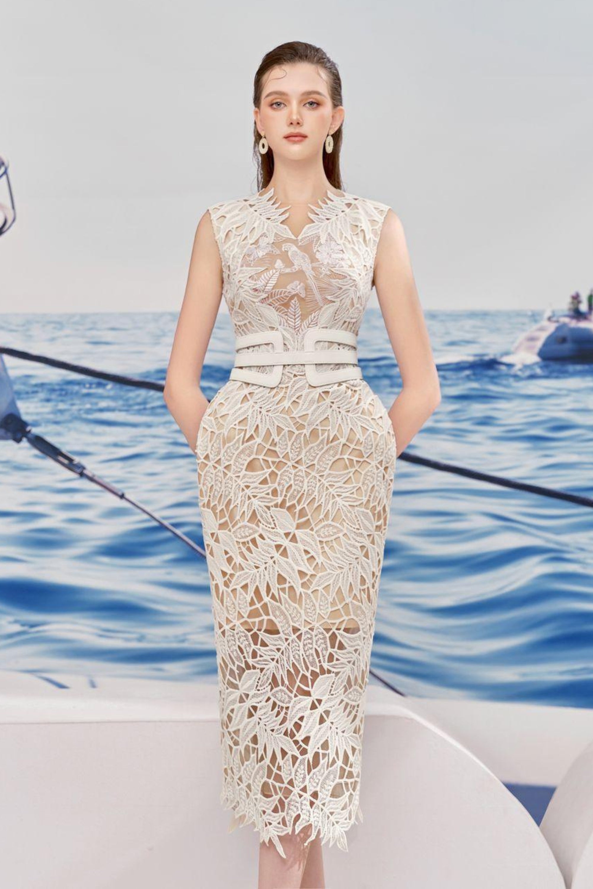VANESSA SLEEVELESS LACE EMBROIDERED MIDI DRESS IN WHITE