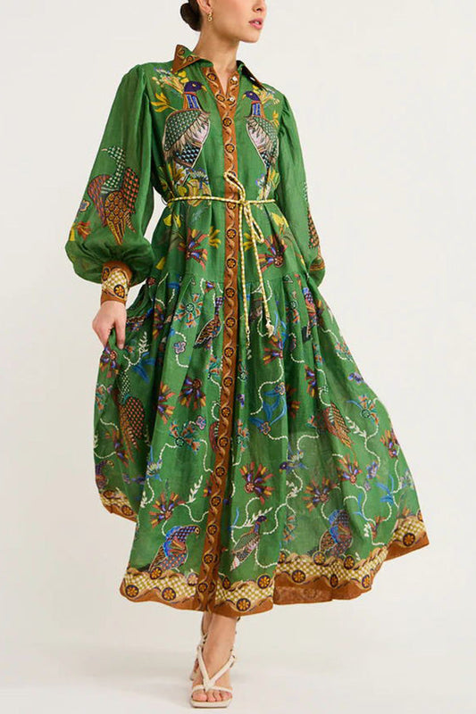 Green Peacock Floral Print Long Sleeve Belted Shirt Midi Dress
