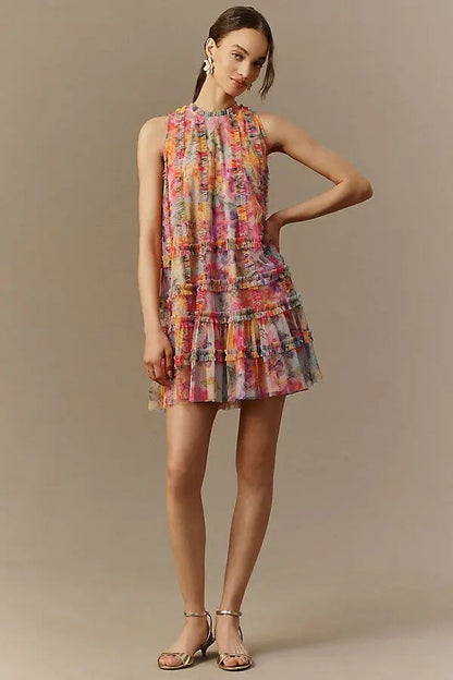 Orange Red Sleeveless printed mesh mini  dress with tiered ruffle panels