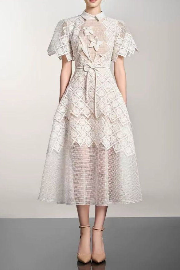 White Lace Embroidered Short Sleeve Midi Dress