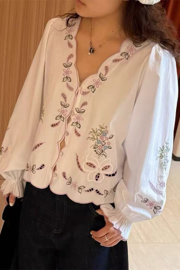 Openwork Embroidered V-Neck Closed Flared Sleeve Shirt