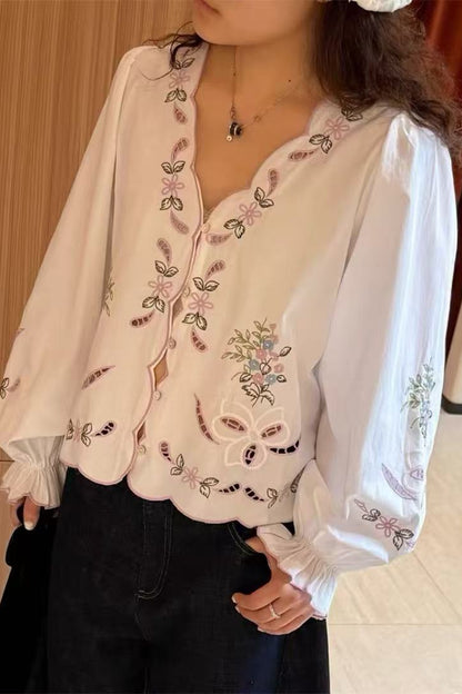 Openwork Embroidered V-Neck Closed Flared Sleeve Shirt