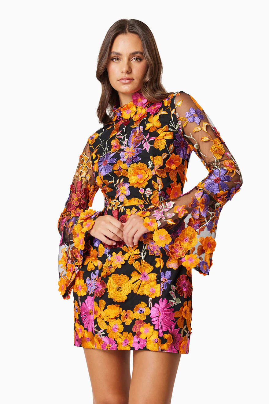 multi orange Flower embroidered long sleeves mini dress