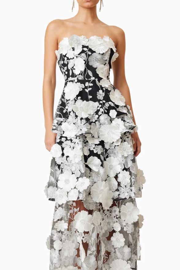 Selene floral embroidery Tiered Maxi Dress In Black