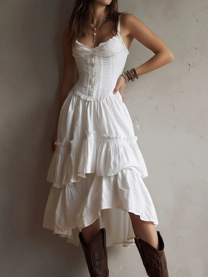white renee Corset Tiered Midi Dress With Lace-Trim