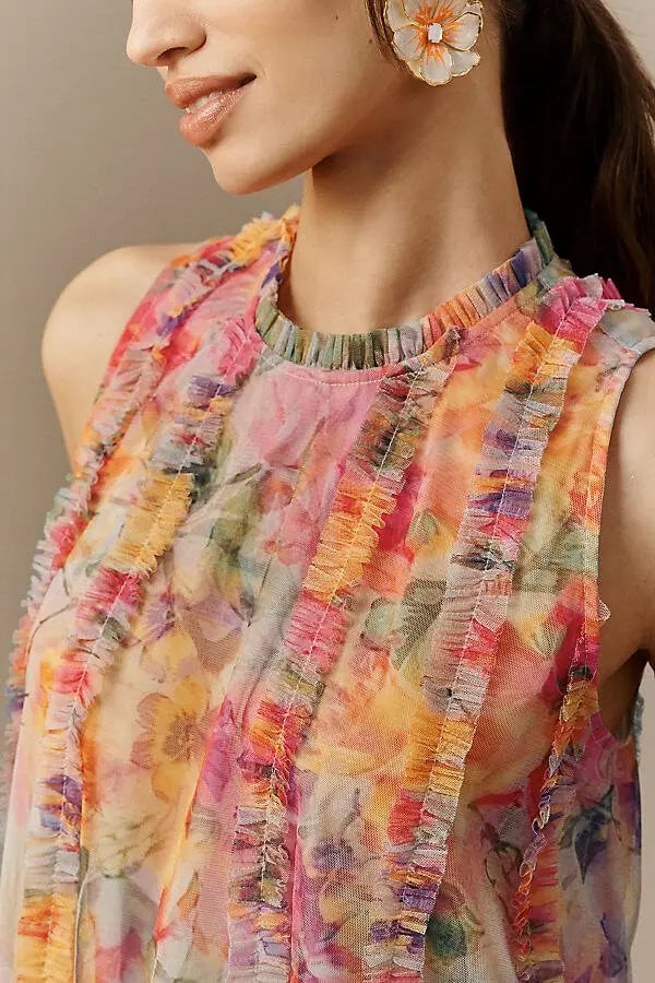 Orange Red Sleeveless printed mesh mini  dress with tiered ruffle panels