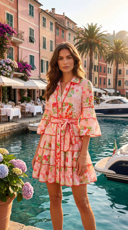 Botanical Print Lace Single Breasted Mini Dress - pink