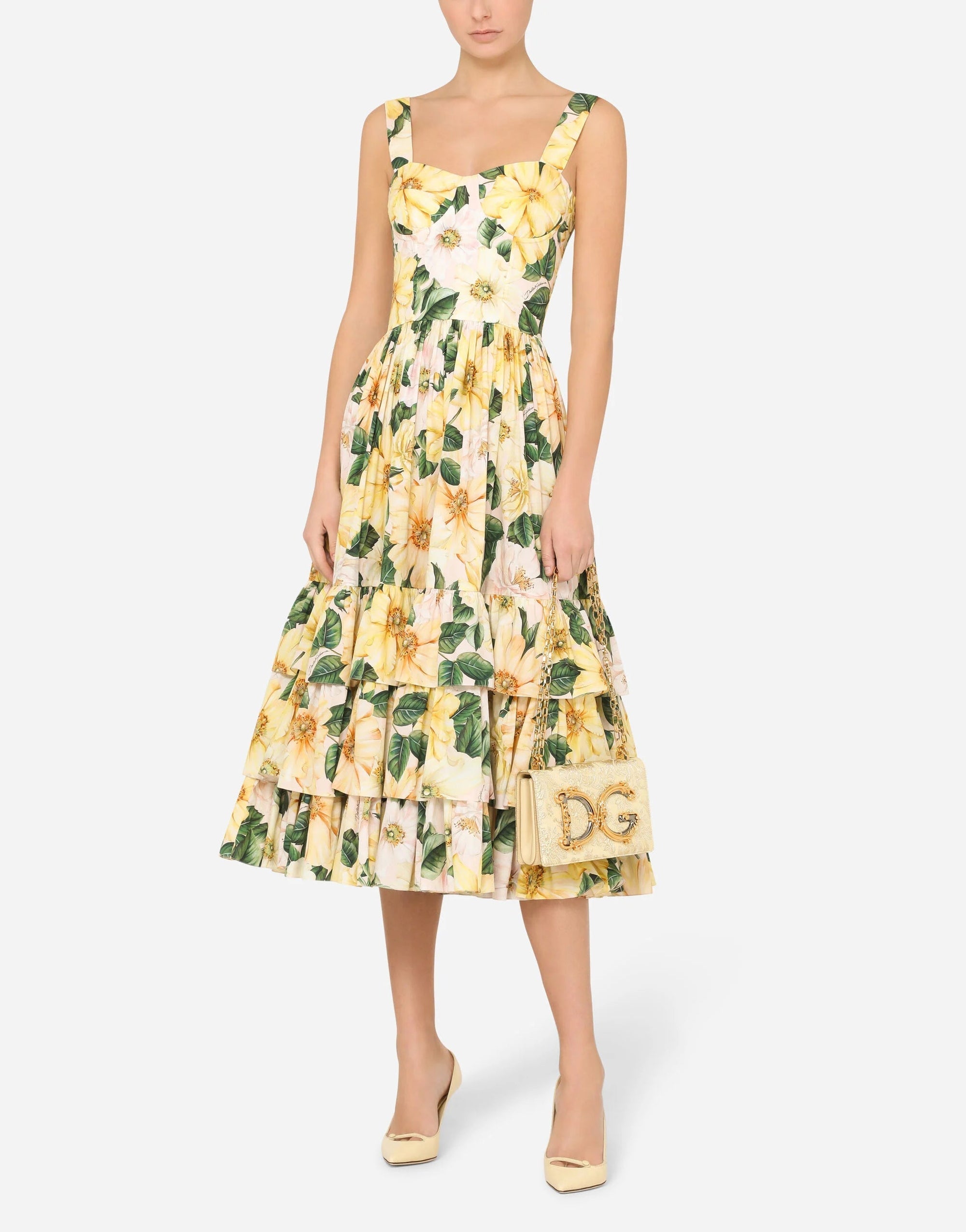Camellia-print poplin midi dress in yellow