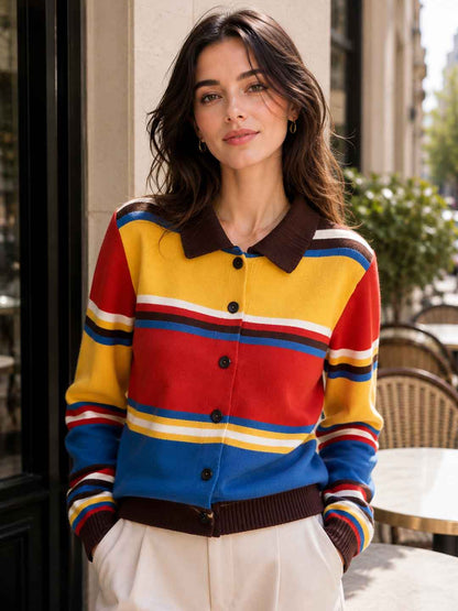 Color-blocked Striped Polo Collar Sweater