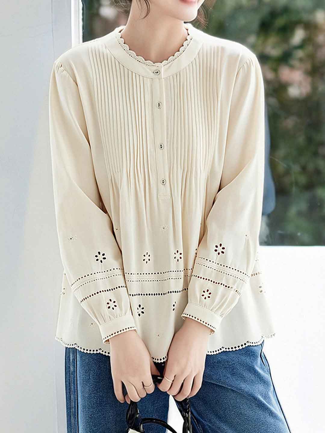Madison Daily Crew Neck Crochet Accordion Pleated Top