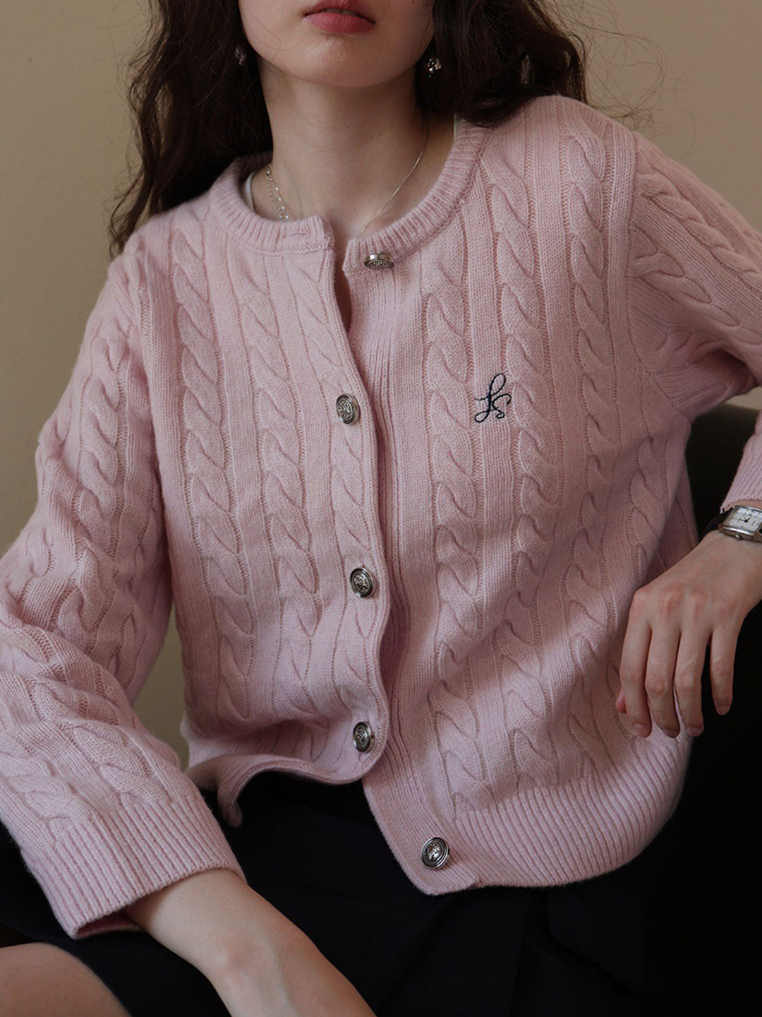 Riley Loose Crew Neck Cable Knitted Cardigan