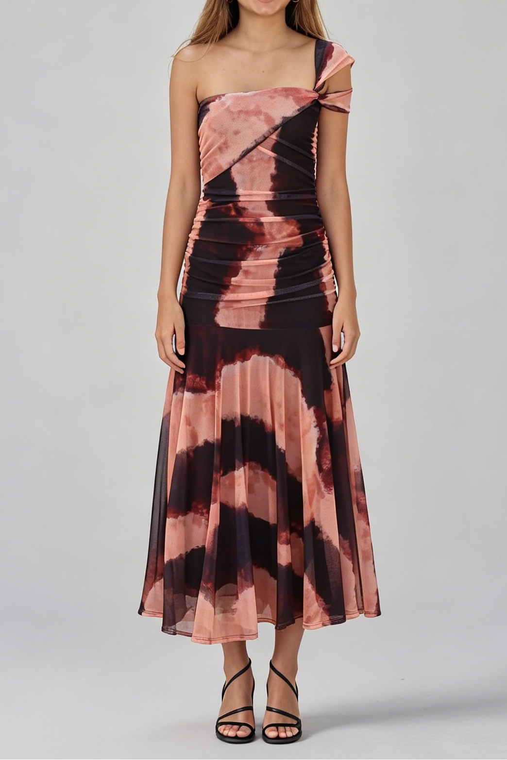 Tie-Dye Off-Shoulder Ruched Midi Dress