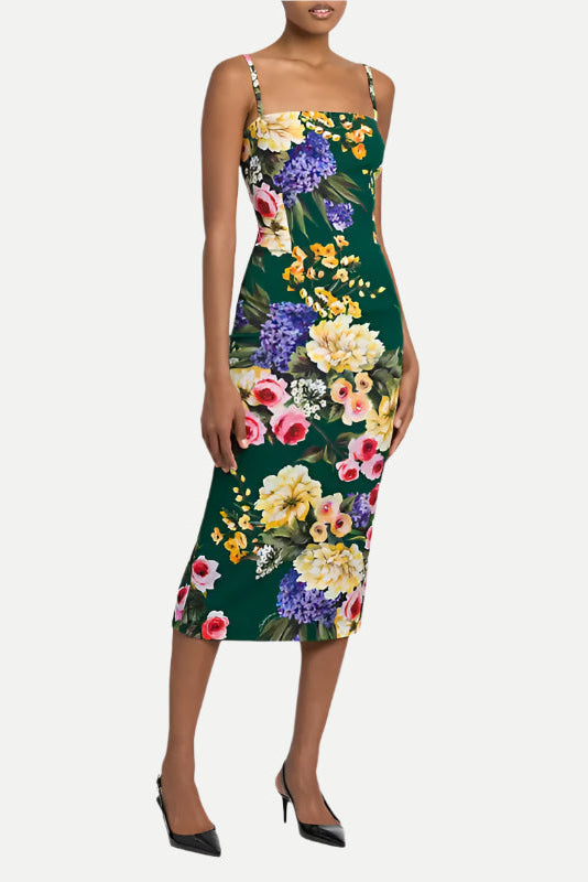 floral print sheath midi dress in green