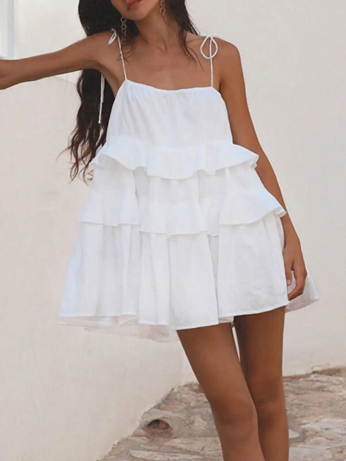 Ruffle Layered Tie Shoulder Cami mini Dress - white