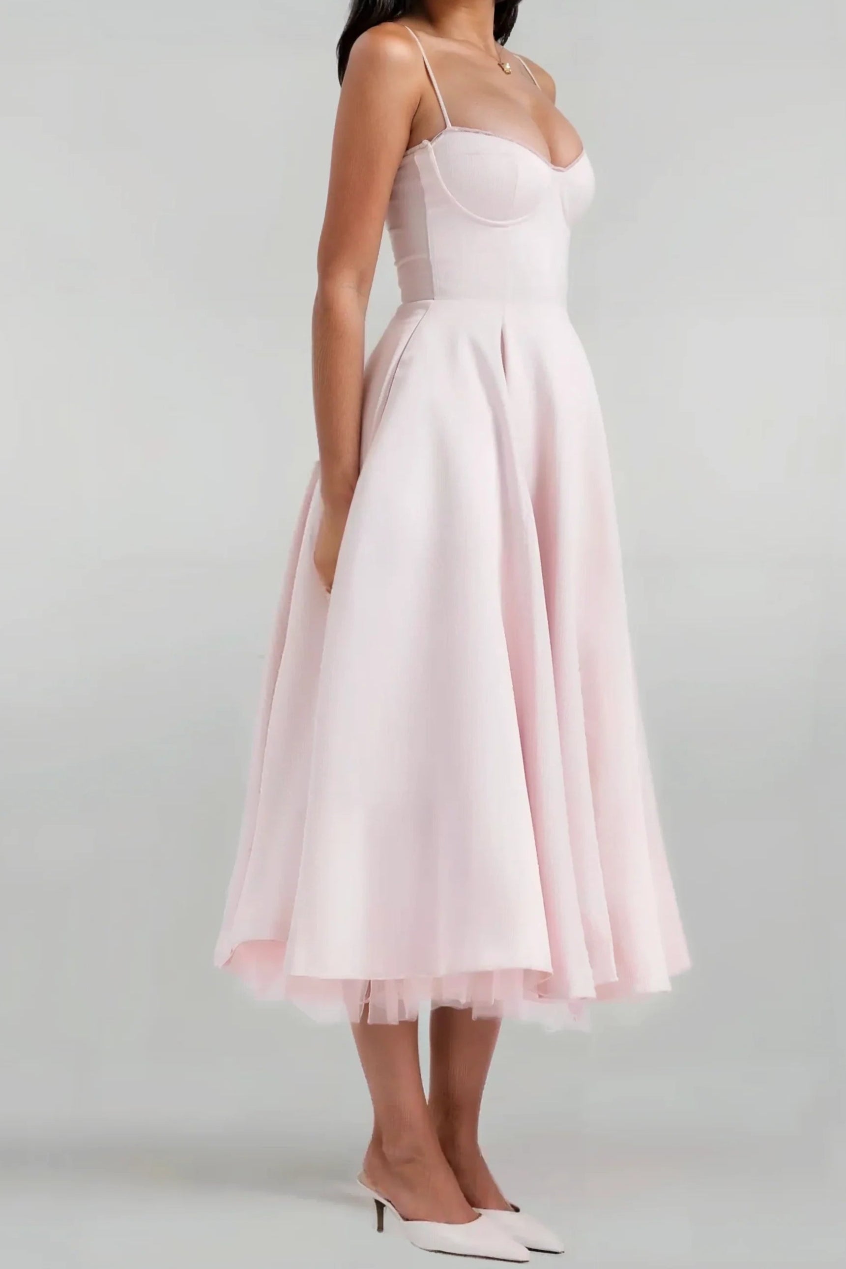 Satin Corset Tulle Layered A-Line Midi Dress - Baby Pink