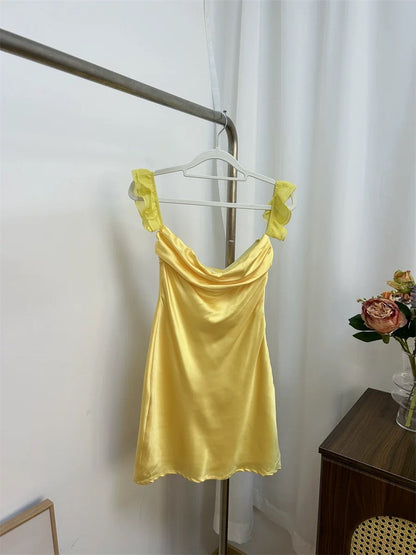 Silvia Yellow Satin Mini Dress - Bright Party Dress