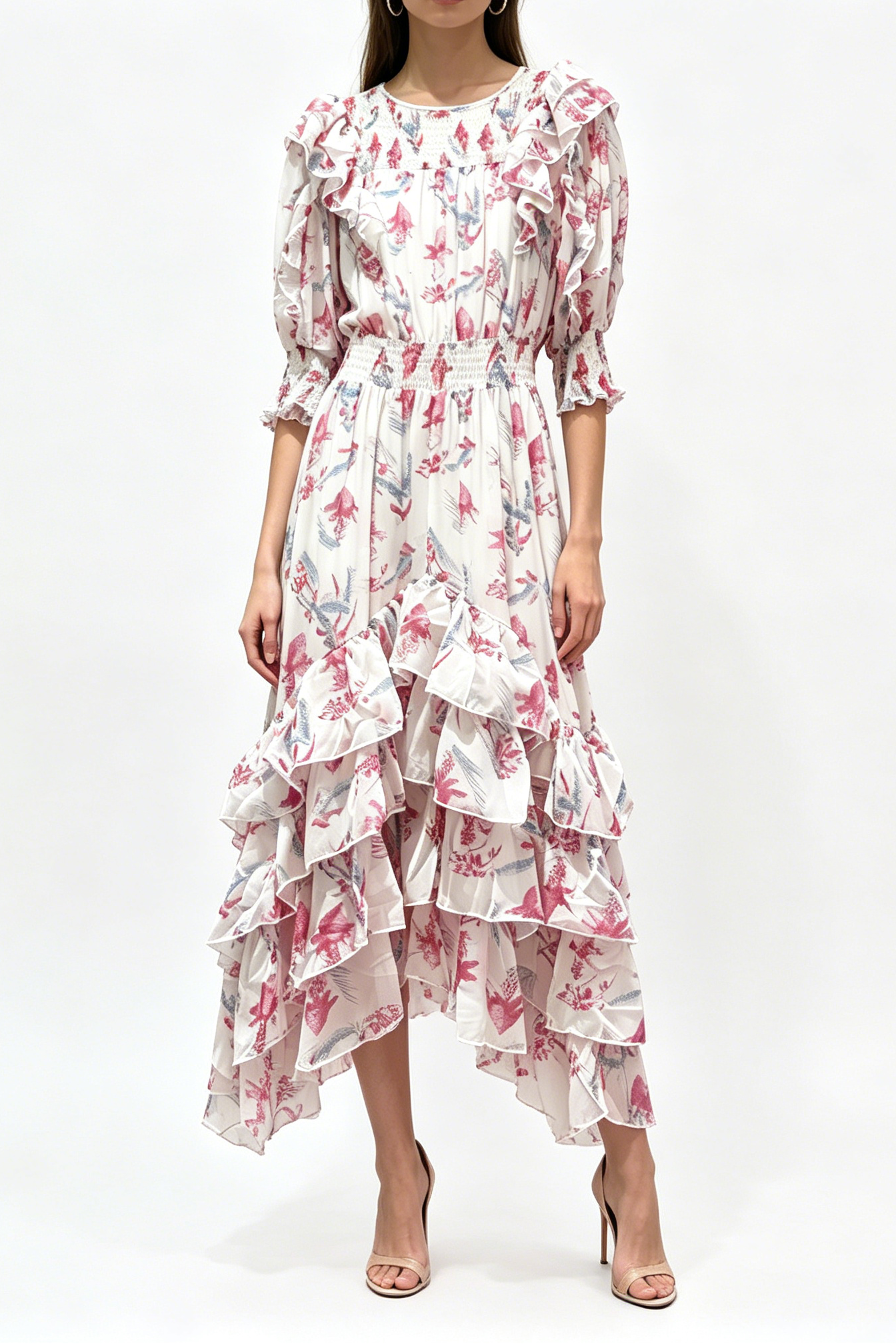 pink ruffled elastic midi dress