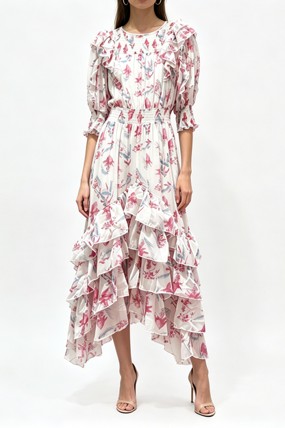 pink ruffled elastic midi dress