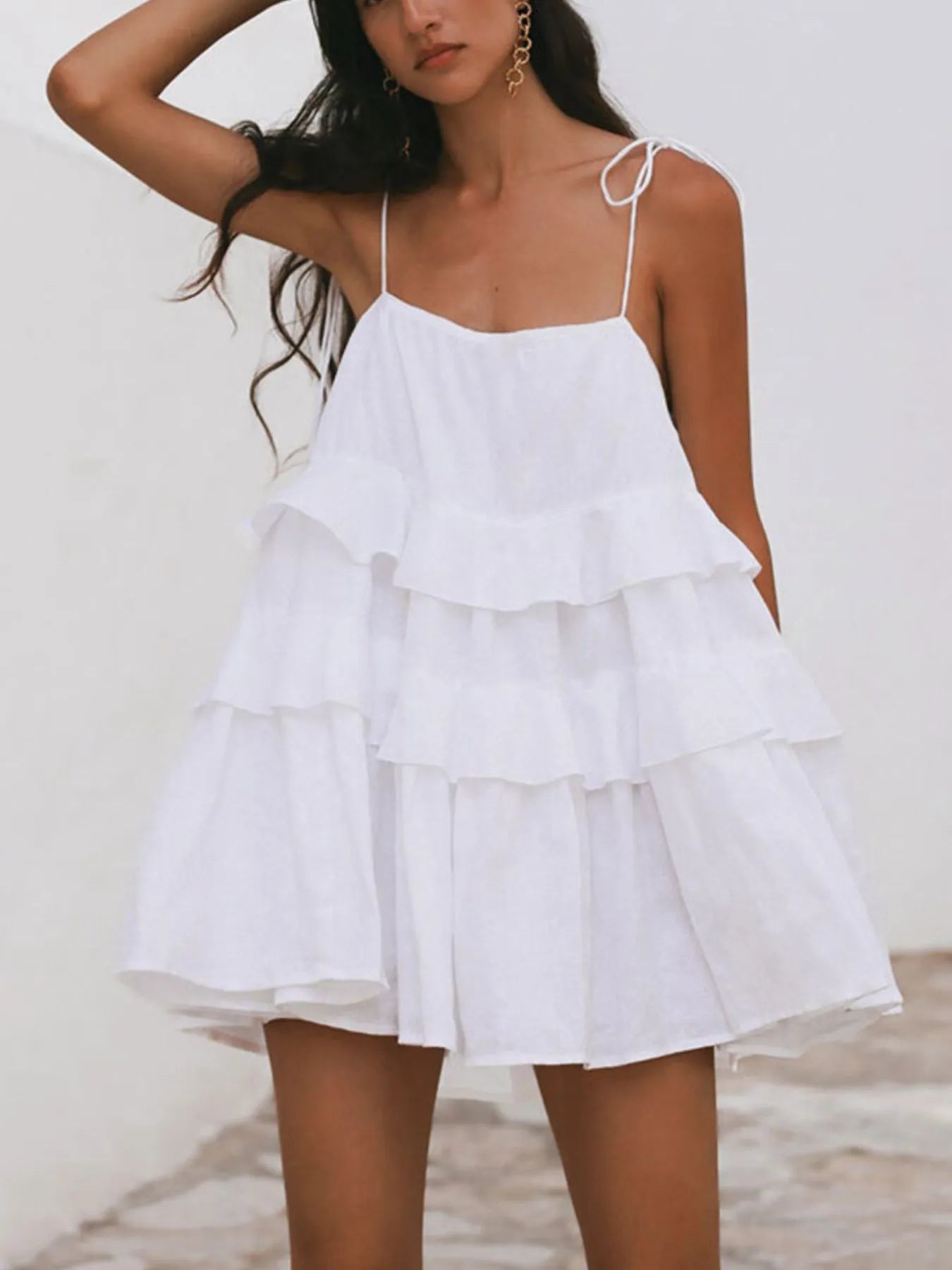 Ruffle Layered Tie Shoulder Cami mini Dress - white