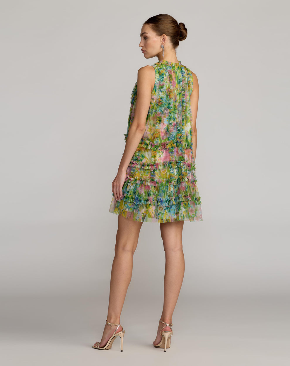 Sleeveless printed mesh mini  dress with tiered ruffle panels