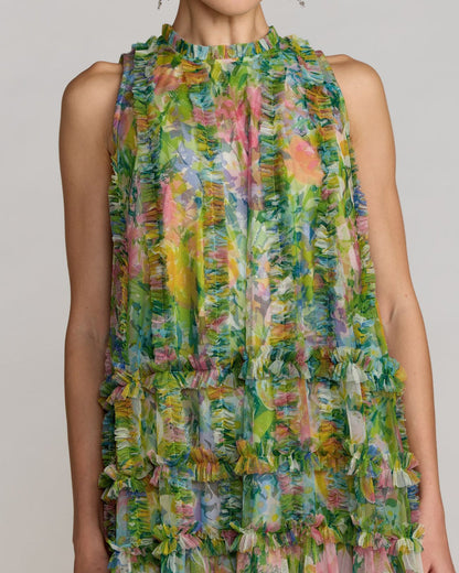 Sleeveless printed mesh mini  dress with tiered ruffle panels