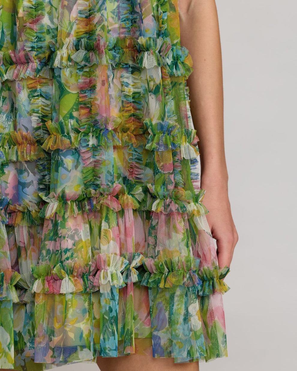 Sleeveless printed mesh mini  dress with tiered ruffle panels