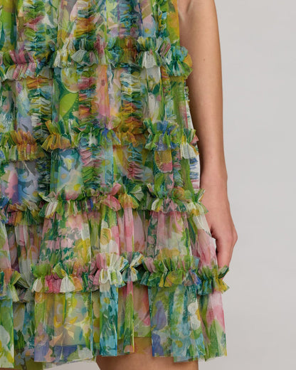 Sleeveless printed mesh mini  dress with tiered ruffle panels