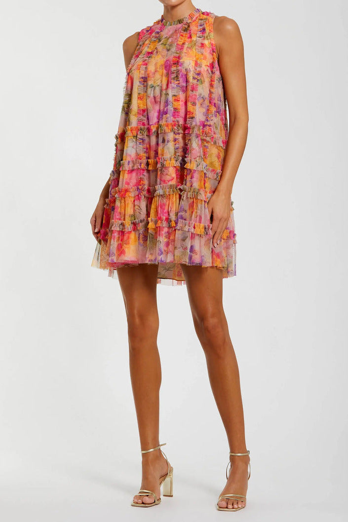 Orange Red Sleeveless printed mesh mini  dress with tiered ruffle panels