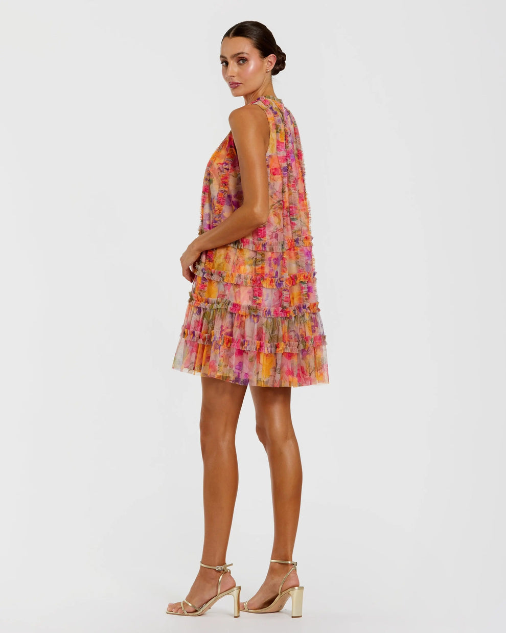 Sleeveless printed mesh mini  dress with tiered ruffle panels