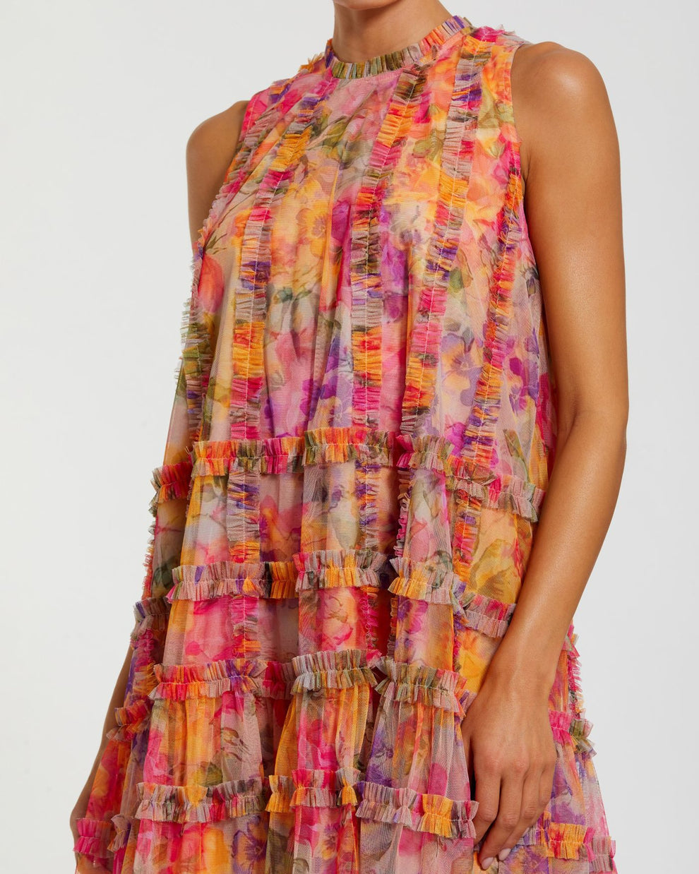 Sleeveless printed mesh mini  dress with tiered ruffle panels