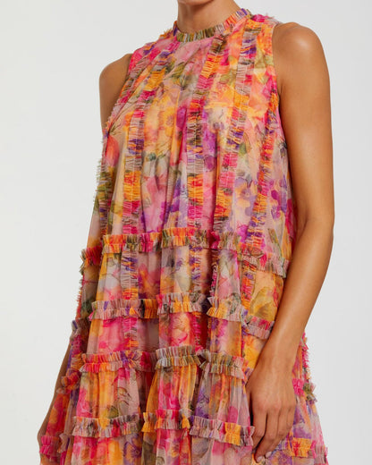 Sleeveless printed mesh mini  dress with tiered ruffle panels