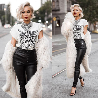 long imitation fur leather coat