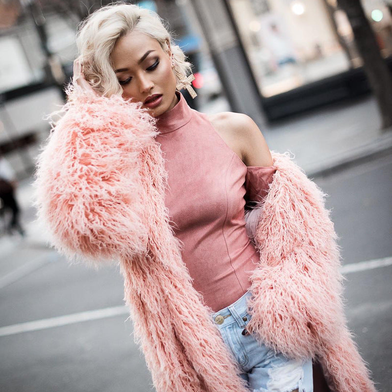 long imitation fur leather coat