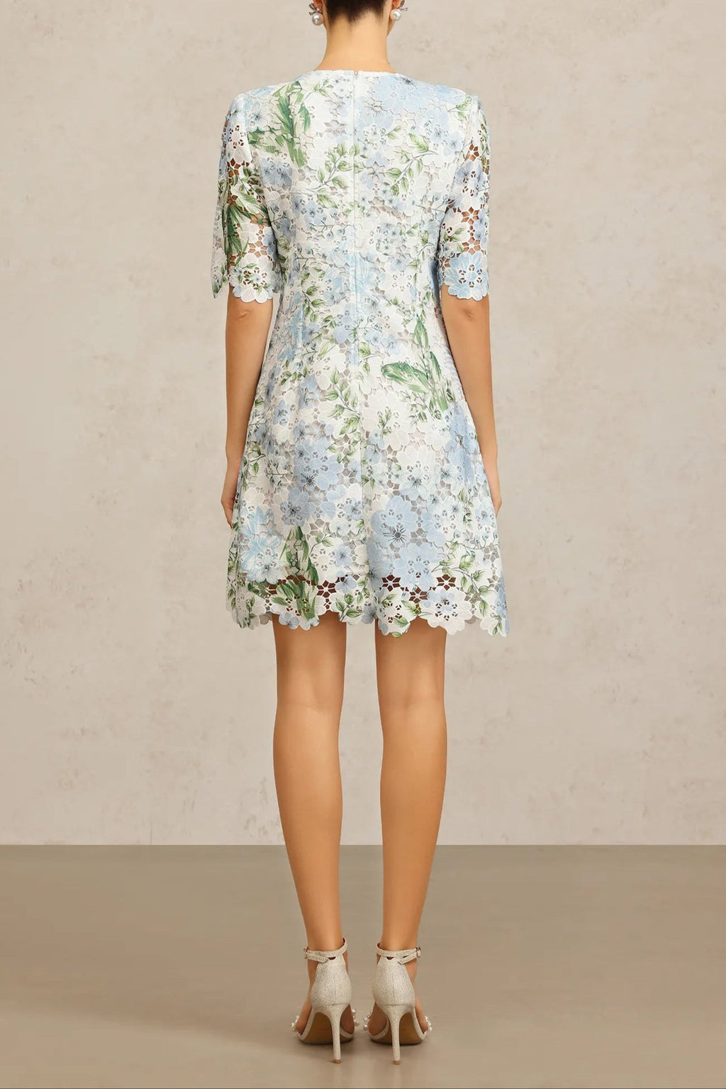 hazel Floral Printed Lace Mini Dress in sky blue
