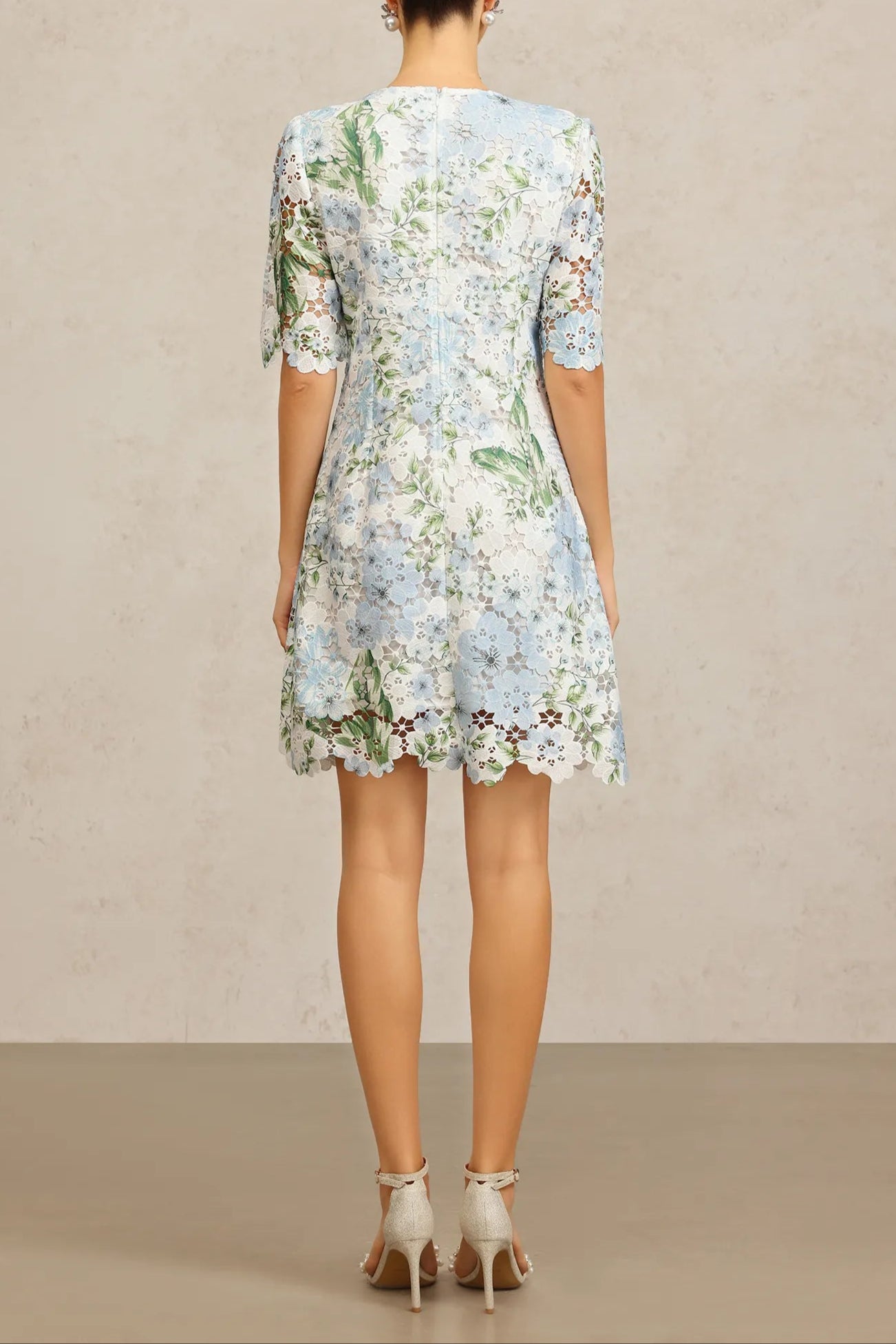 hazel Floral Printed Lace Mini Dress in sky blue