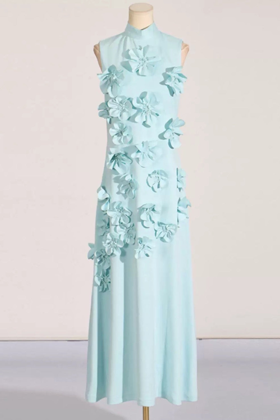 Fanci Floral Applique High Neck Maxi-Mint Blue