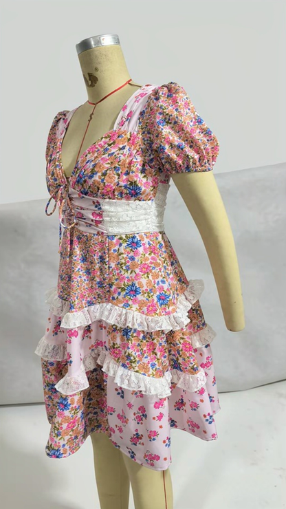 Floral lace patchwork deep V-neck puff sleeves mini dress