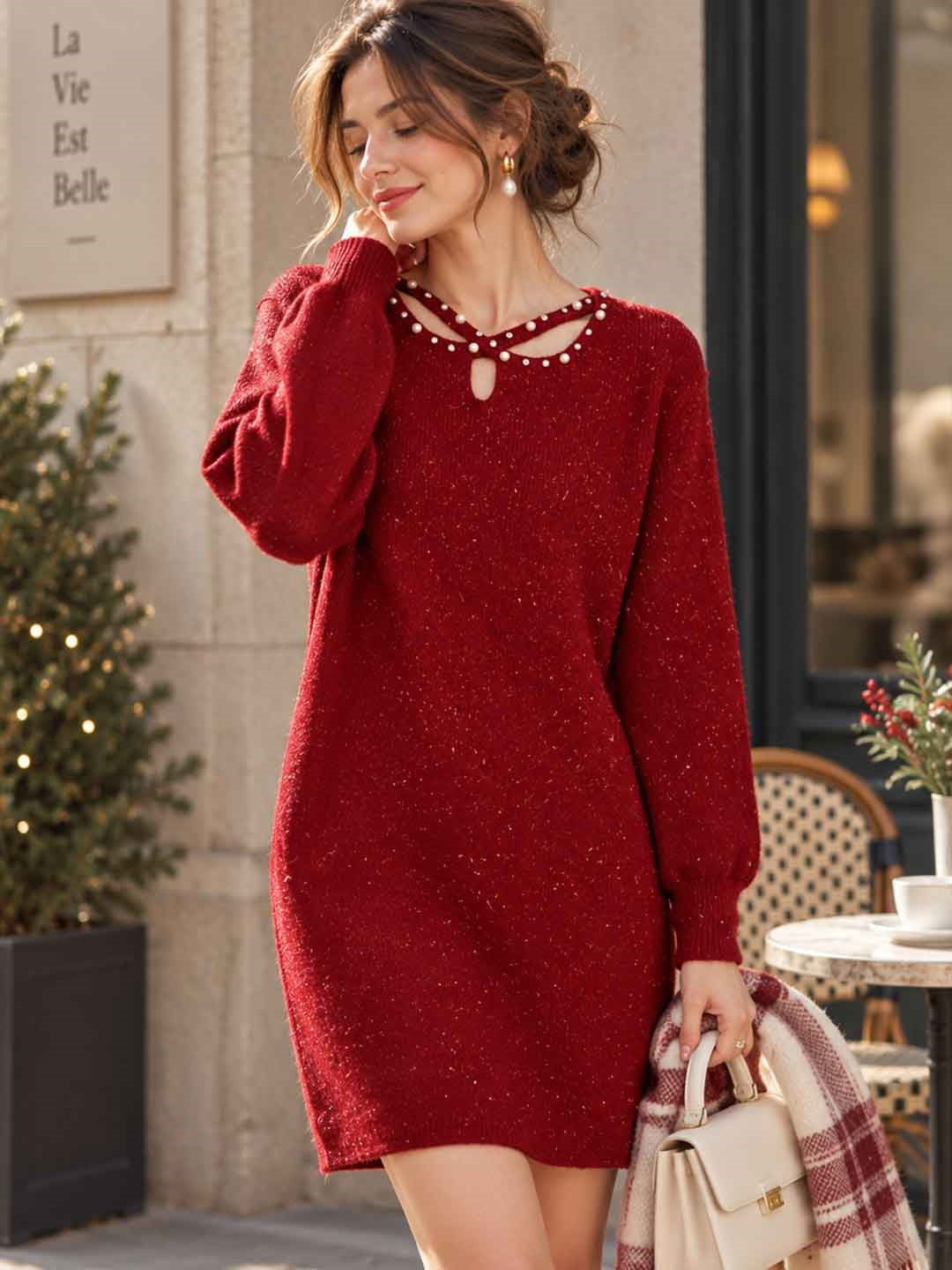 Hannah Elegant Crew Neck Beaded Knitted Sweater Dress