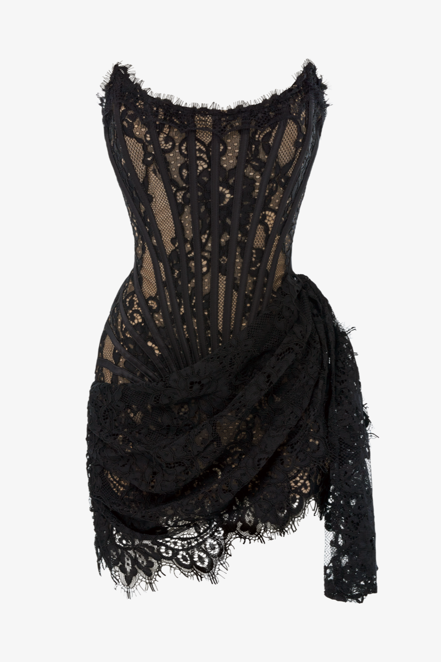 Black lace corset draped mini dress