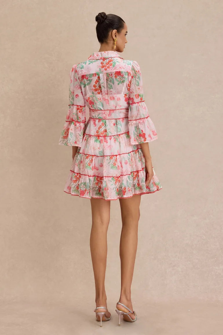 Botanical Print Lace Single Breasted Mini Dress - pink