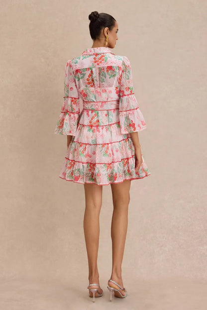 Botanical Print Lace Single Breasted Mini Dress - pink