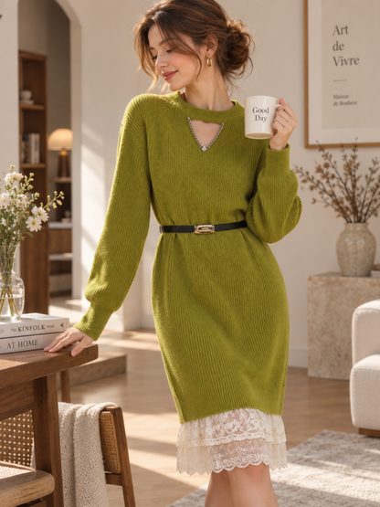 Kaylee Daily Crew Neck Patchwork Lace Knitted Dress