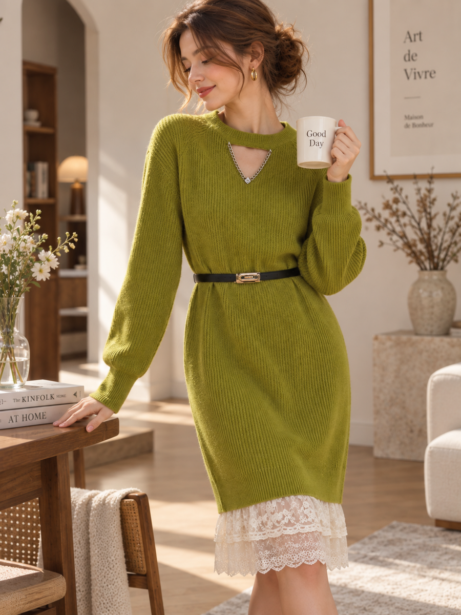 Kaylee Daily Crew Neck Patchwork Lace Knitted Dress