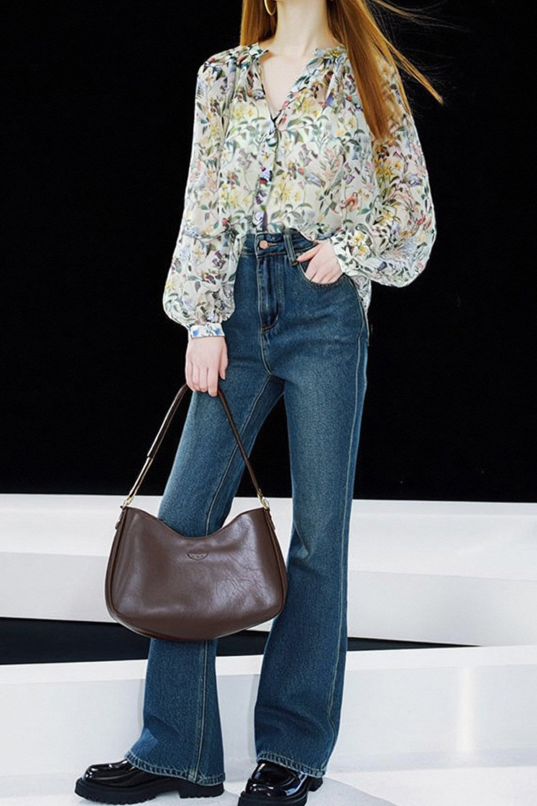 French-style chiffon floral print blouse with drape