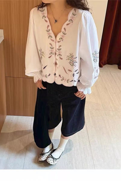Openwork Embroidered V-Neck Closed Flared Sleeve Shirt
